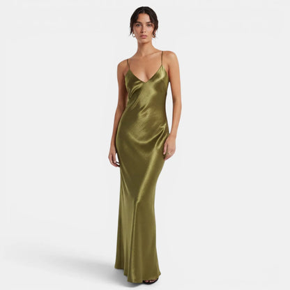 Vestido de Invitada de Boda Largo Verde Elegante con Espalda Descubierta