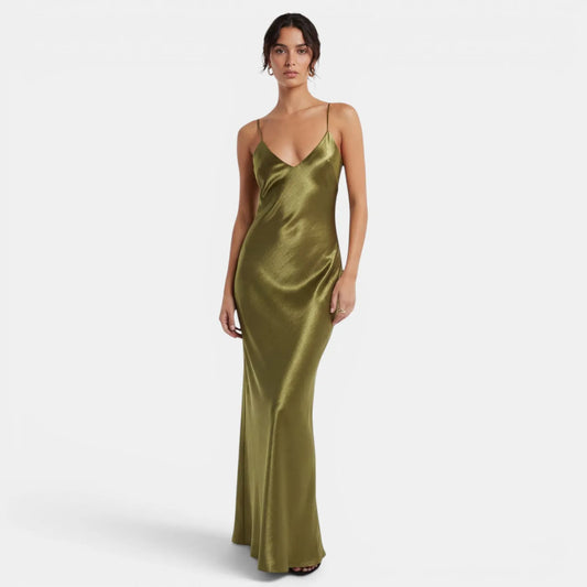 Vestido de Invitada de Boda Largo Verde Elegante con Espalda Descubierta
