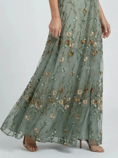 Vestido de Invitada de Boda Largo Verde Elegante con Flores