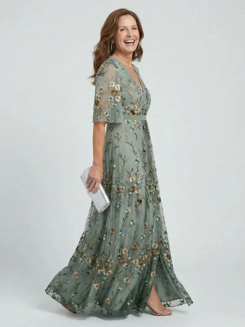 Vestido de Invitada de Boda Largo Verde Elegante con Flores
