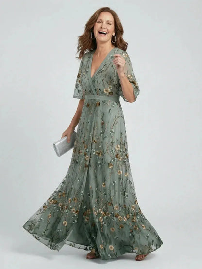 Vestido de Invitada de Boda Largo Verde Elegante con Flores