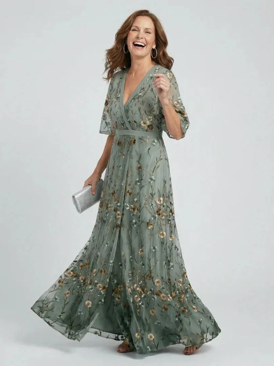 Vestido de Invitada de Boda Largo Verde Elegante con Flores