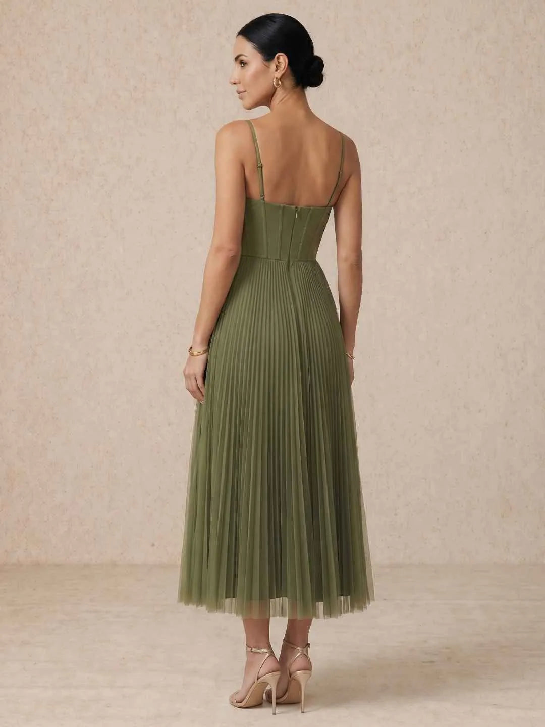Vestido de Invitada de Boda Largo Verde Elegante con Plisado