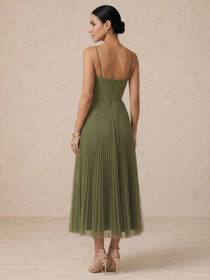 Vestido de Invitada de Boda Largo Verde Elegante con Plisado