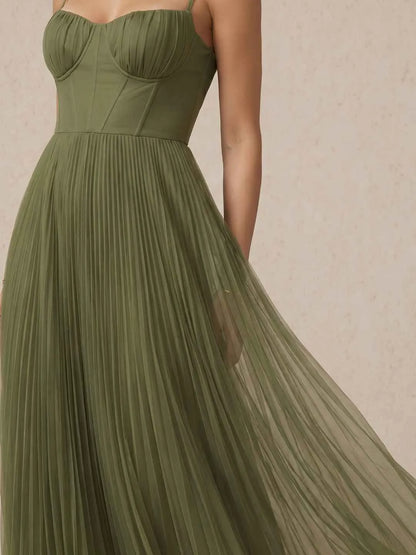 Vestido de Invitada de Boda Largo Verde Elegante con Plisado