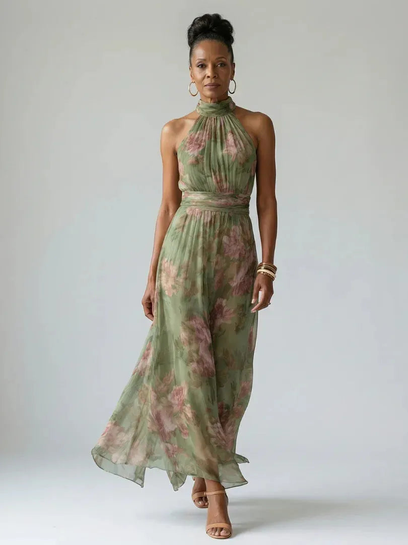 Vestido de Invitada de Boda Largo Verde Elegante de Flores con Cuello Halter