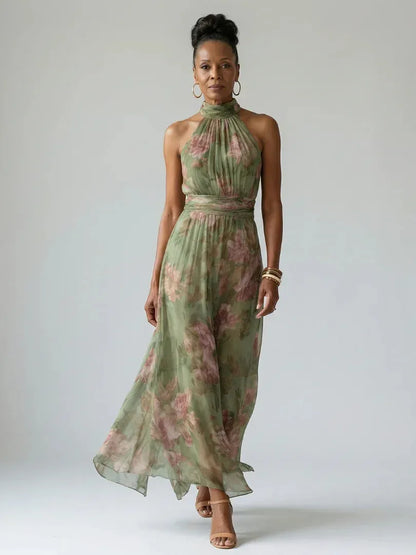 Vestido de Invitada de Boda Largo Verde Elegante de Flores con Cuello Halter