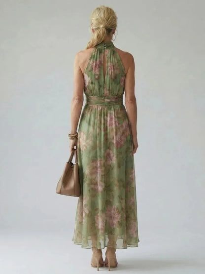 Vestido de Invitada de Boda Largo Verde Elegante de Flores con Cuello Halter