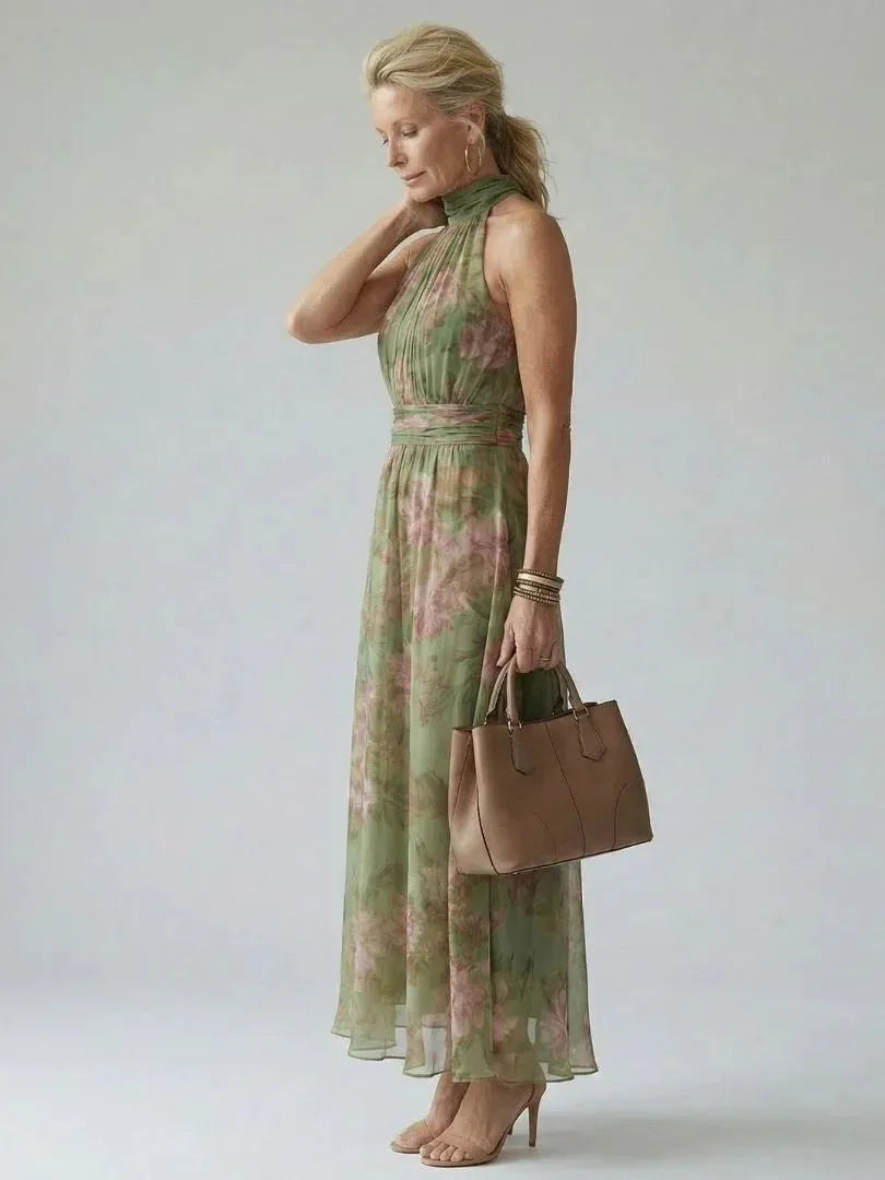 Vestido de Invitada de Boda Largo Verde Elegante de Flores con Cuello Halter