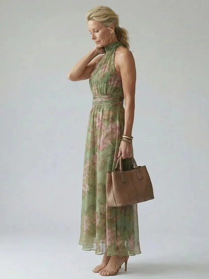 Vestido de Invitada de Boda Largo Verde Elegante de Flores con Cuello Halter