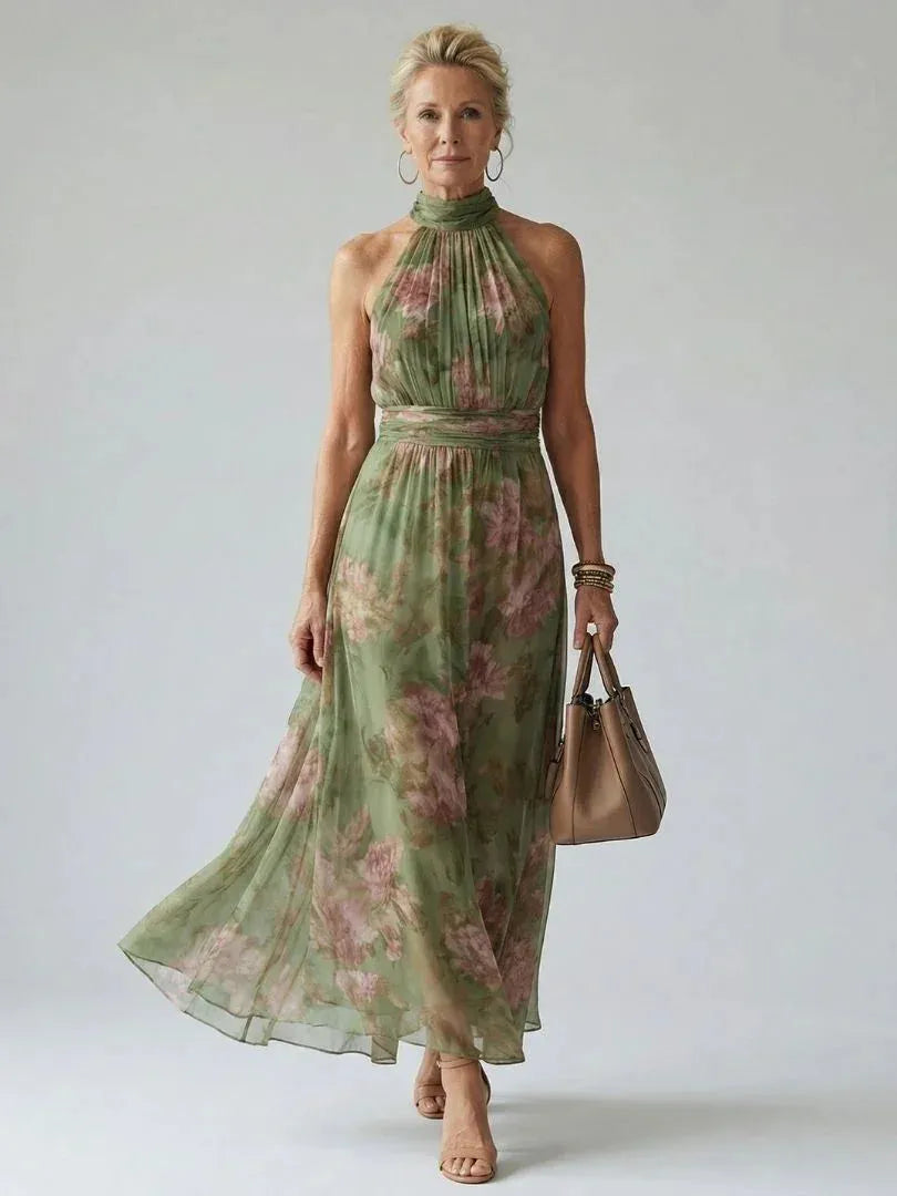 Vestido de Invitada de Boda Largo Verde Elegante de Flores con Cuello Halter