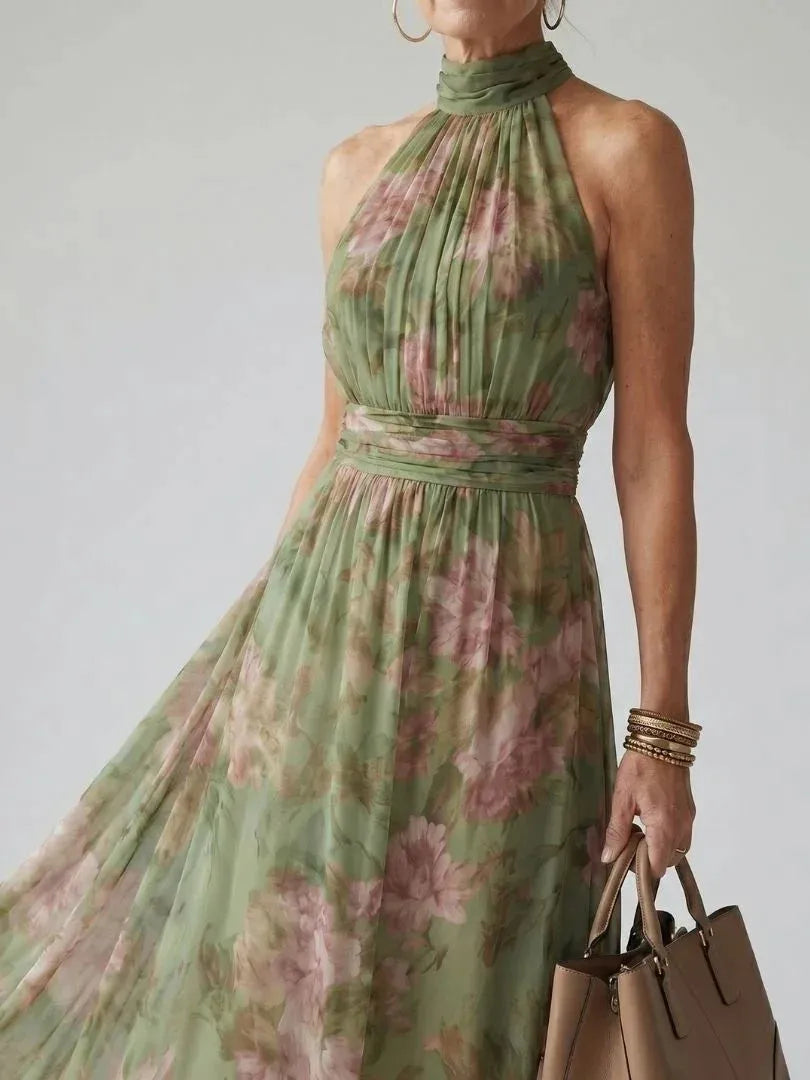 Vestido de Invitada de Boda Largo Verde Elegante de Flores con Cuello Halter