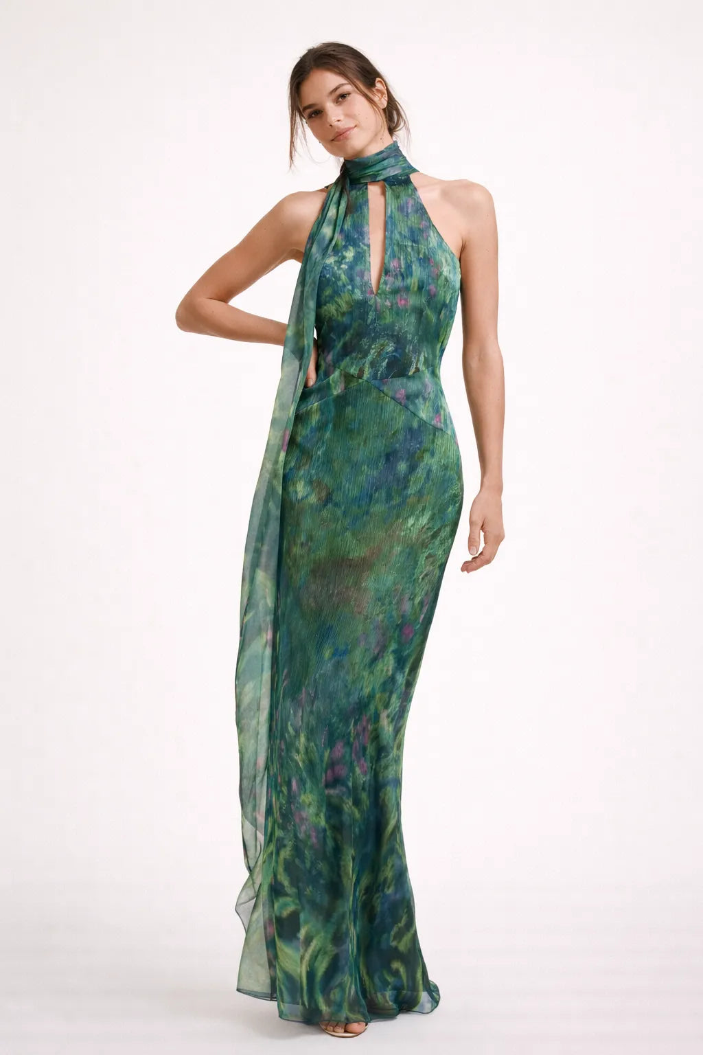 Vestido de Invitada de Boda Largo Verde Estampado con Cuello Halter