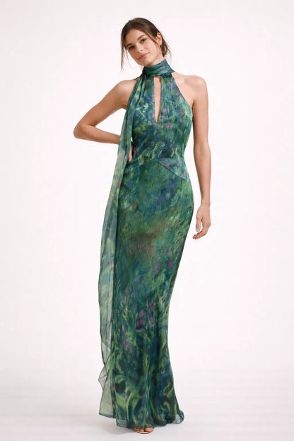 Vestido de Invitada de Boda Largo Verde Estampado con Cuello Halter