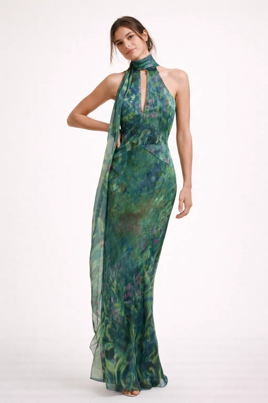 Vestido de Invitada de Boda Largo Verde Estampado con Cuello Halter