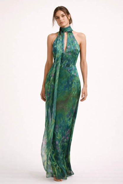 Vestido de Invitada de Boda Largo Verde Estampado con Cuello Halter