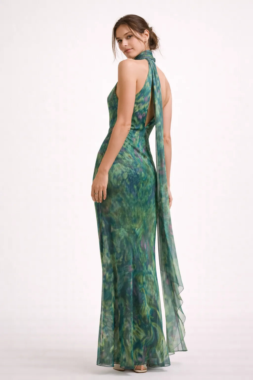 Vestido de Invitada de Boda Largo Verde Estampado con Cuello Halter