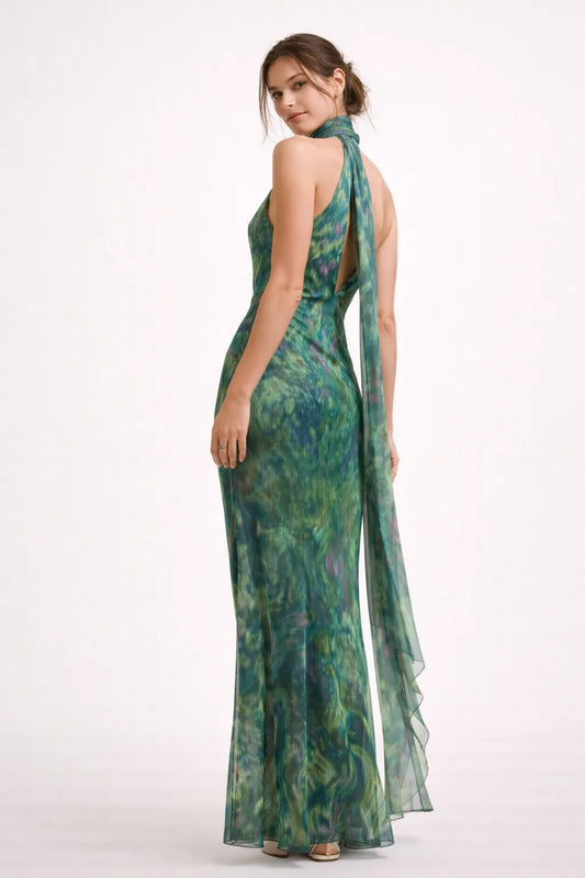 Vestido de Invitada de Boda Largo Verde Estampado con Cuello Halter