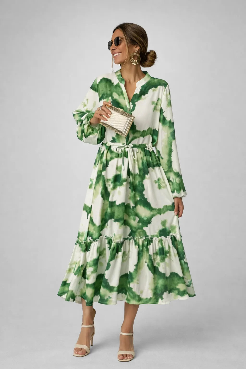 Vestido de Invitada de Boda Largo Verde Estampado con Manga Larga