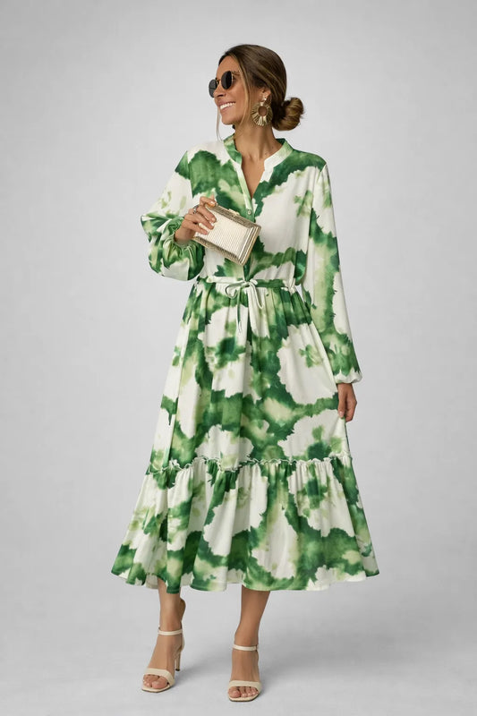 Vestido de Invitada de Boda Largo Verde Estampado con Manga Larga