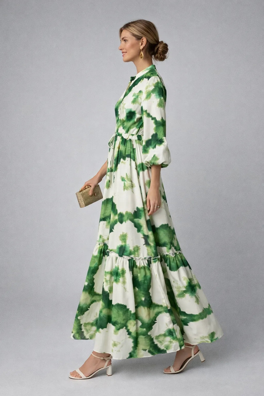 Vestido de Invitada de Boda Largo Verde Estampado con Manga Larga