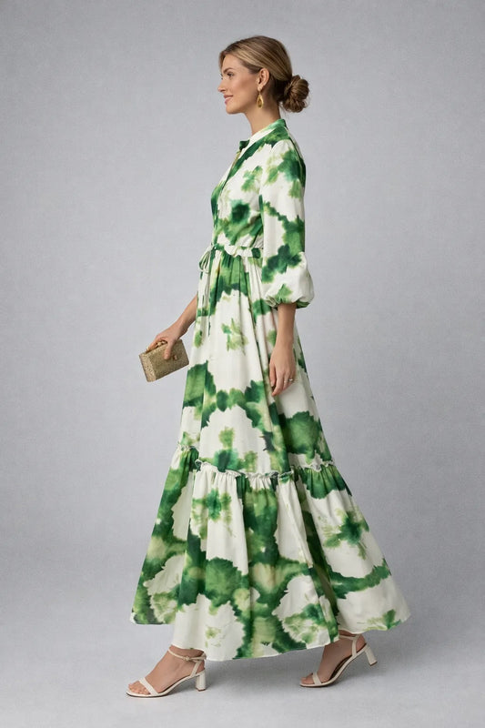 Vestido de Invitada de Boda Largo Verde Estampado con Manga Larga