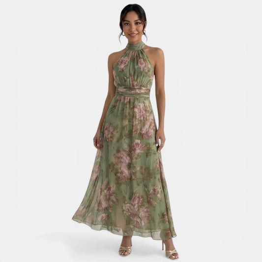 Vestido de Invitada de Boda Largo Verde Flores con Cuello Halter