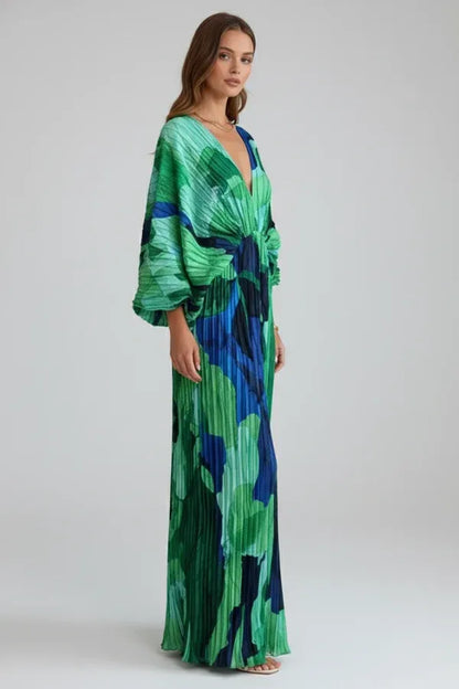 Vestido de Invitada de Boda Largo Elegante Estampado con Plisado