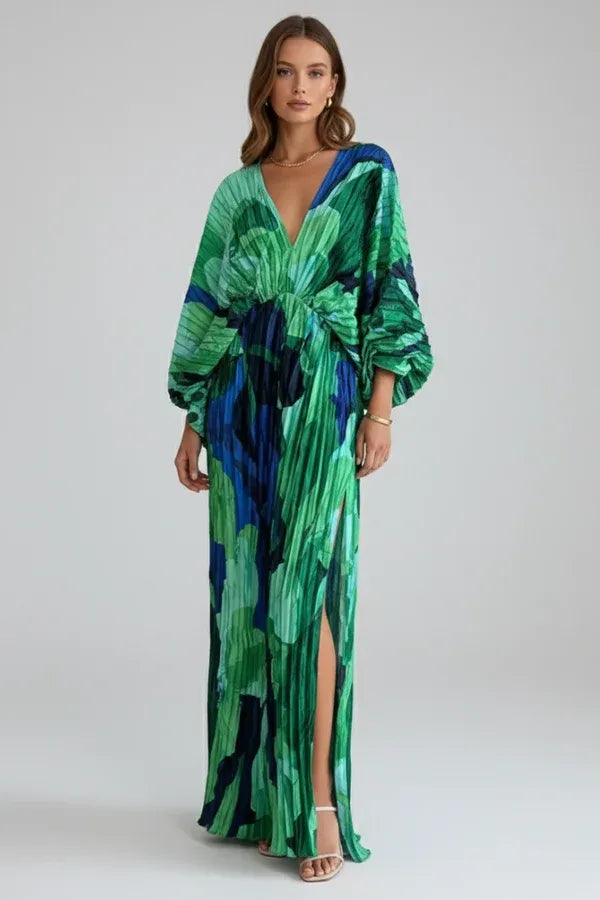 Vestido de Invitada de Boda Largo Elegante Estampado con Plisado