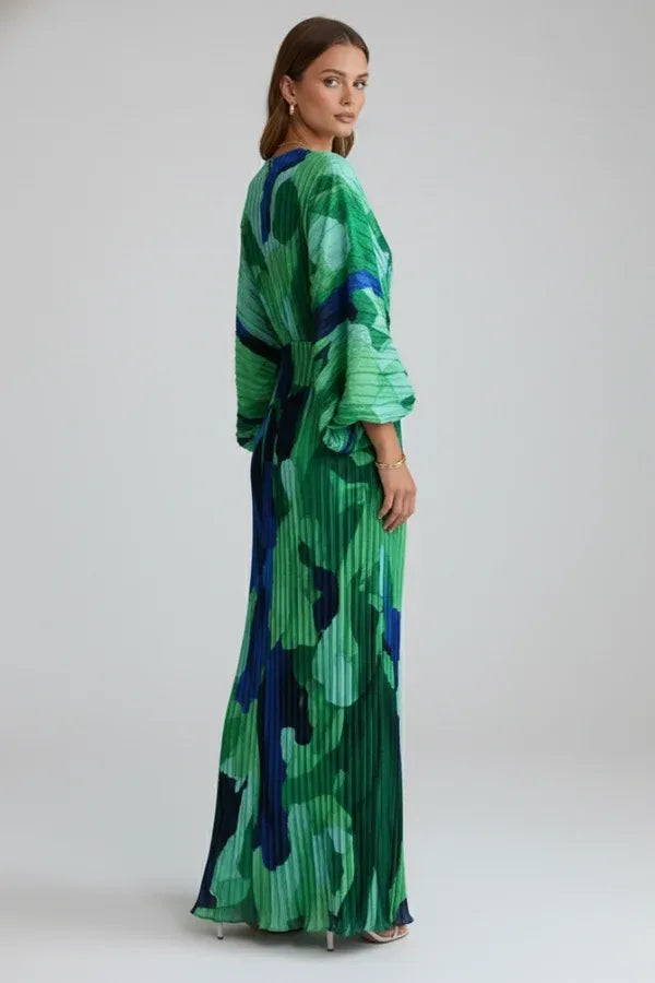 Vestido de Invitada de Boda Largo Elegante Estampado con Plisado