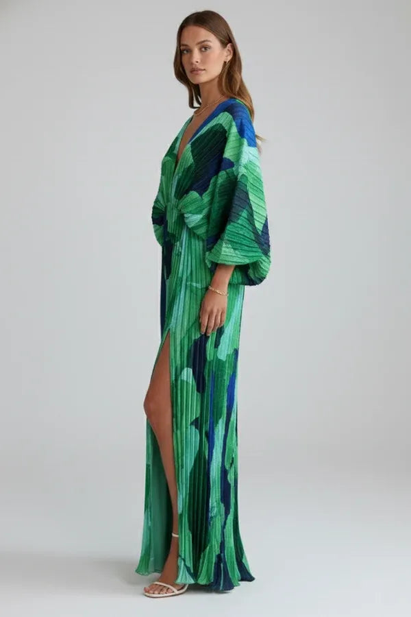 Vestido de Invitada de Boda Largo Elegante Estampado con Plisado