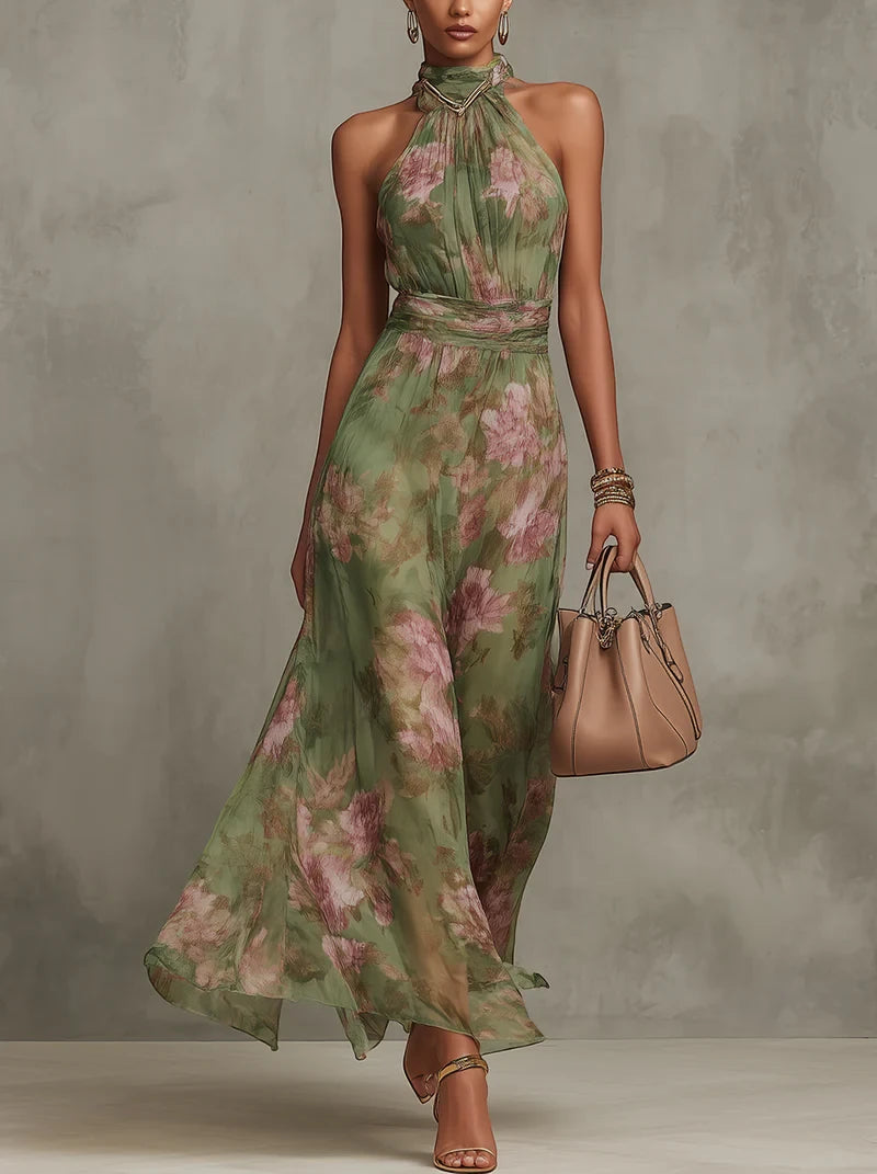 Vestido de Invitada de Boda Largo Verde con Cuello Halter