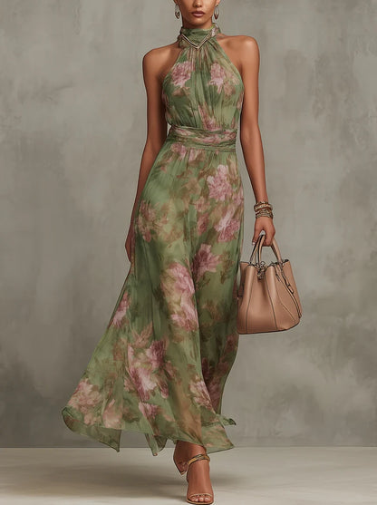 Vestido de Invitada de Boda Largo Verde con Cuello Halter