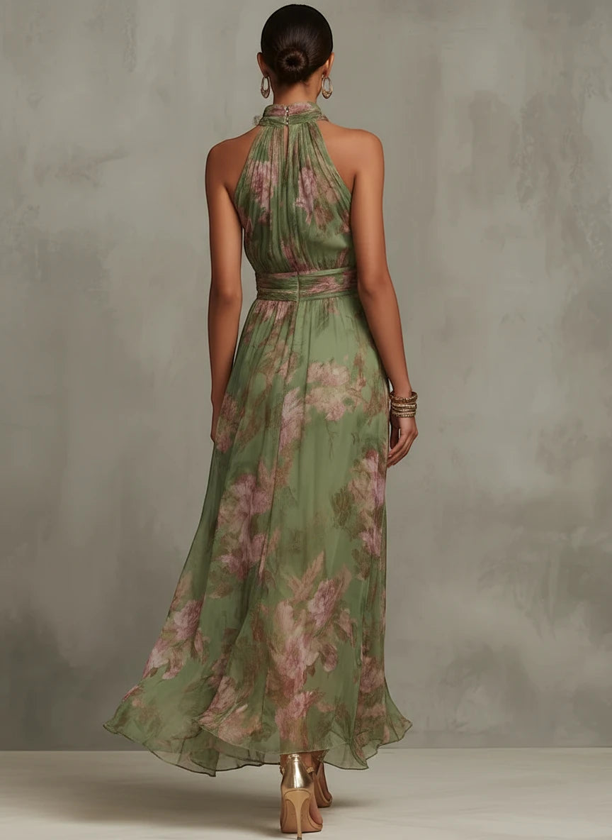Vestido de Invitada de Boda Largo Verde con Cuello Halter
