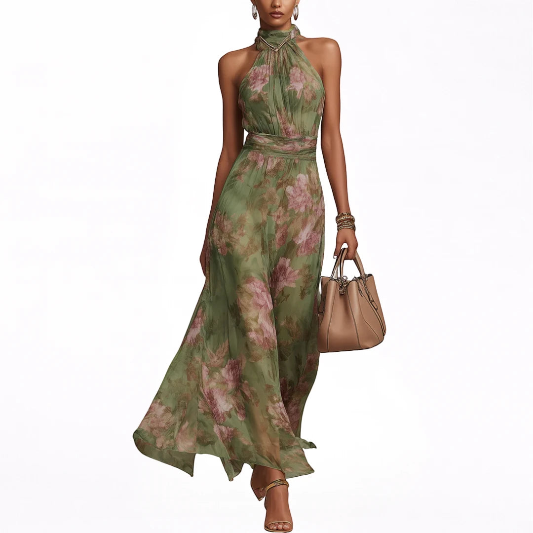 Vestido de Invitada de Boda Largo Verde con Cuello Halter