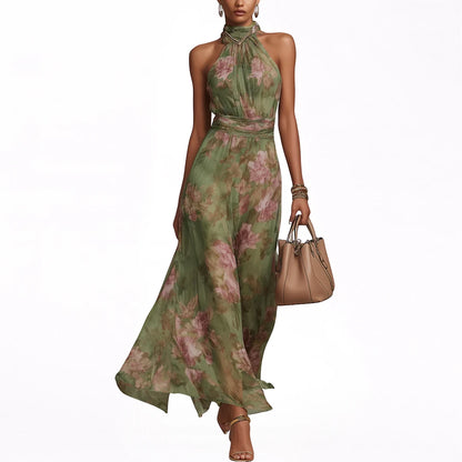 Vestido de Invitada de Boda Largo Verde con Cuello Halter