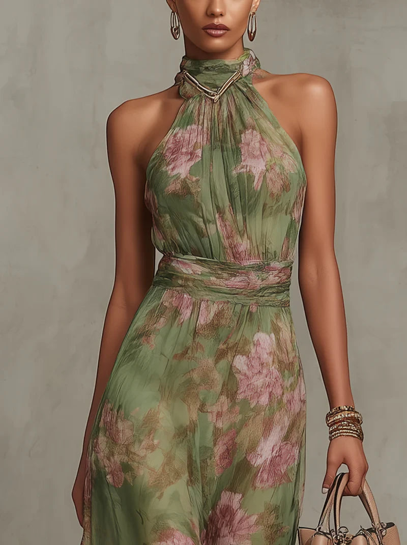 Vestido de Invitada de Boda Largo Verde con Cuello Halter