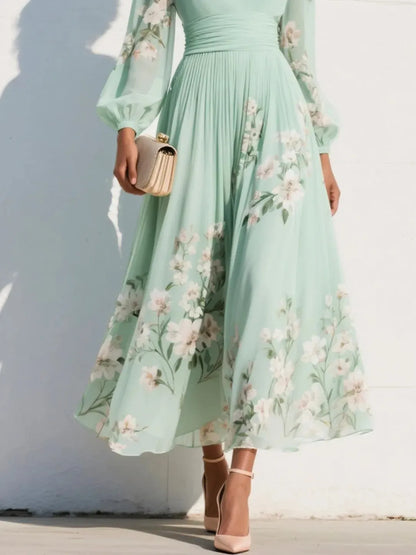 Vestido de Invitada de Boda Largo Verde de Flores con Plisado