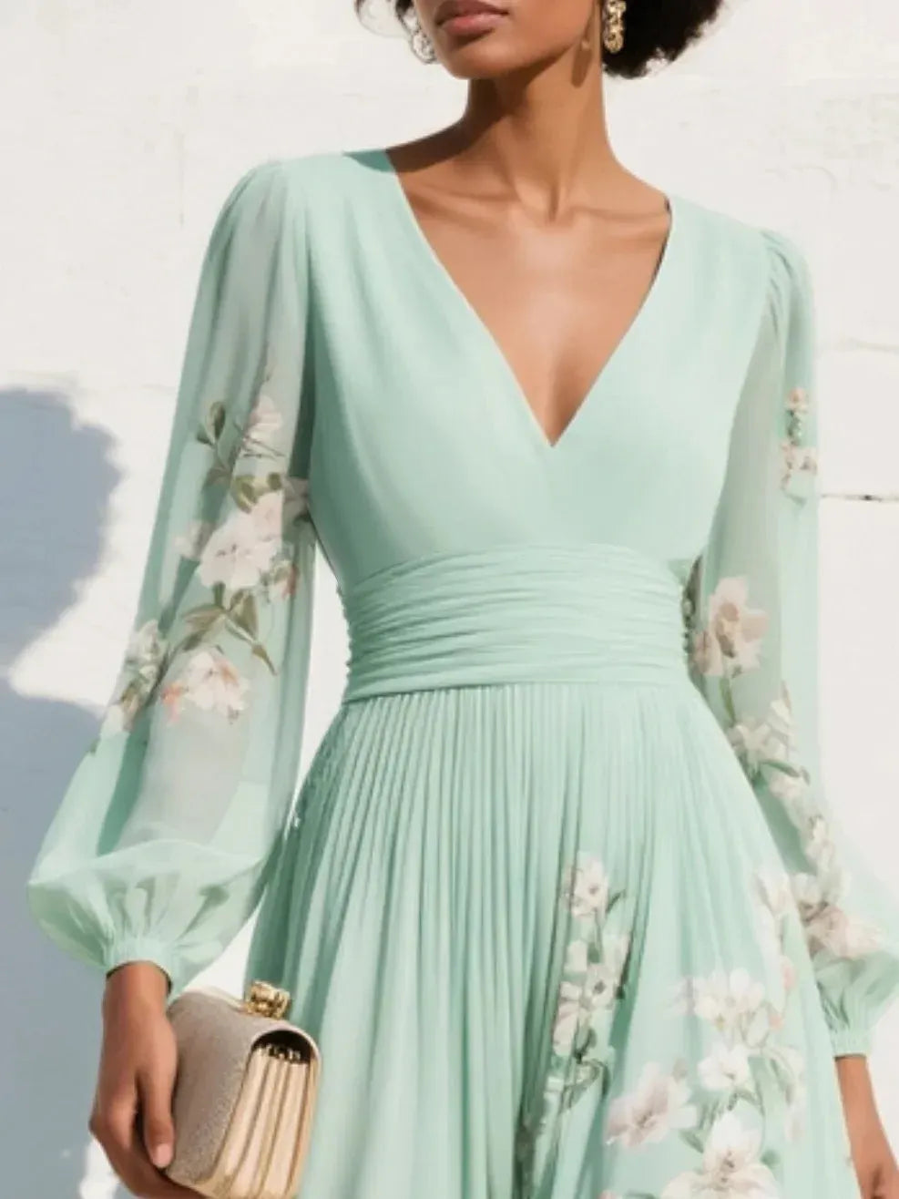 Vestido de Invitada de Boda Largo Verde de Flores con Plisado