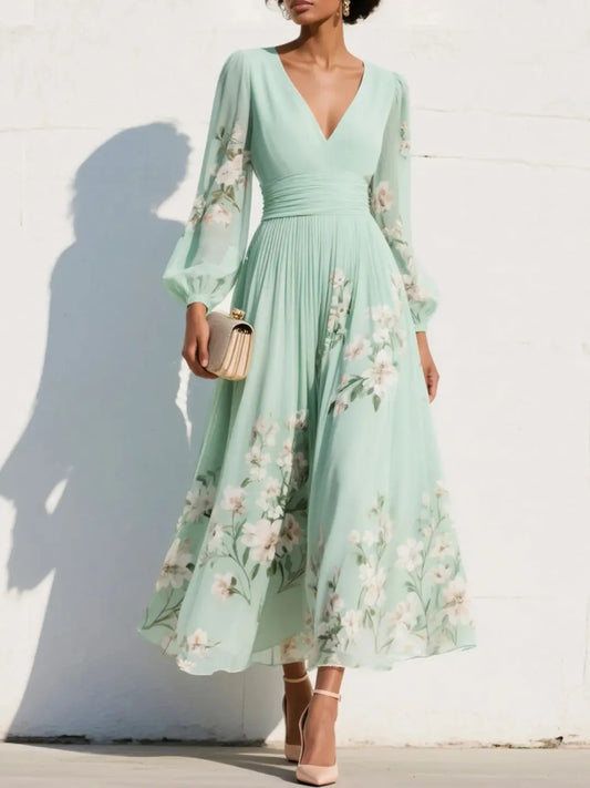 Vestido de Invitada de Boda Largo Verde de Flores con Plisado