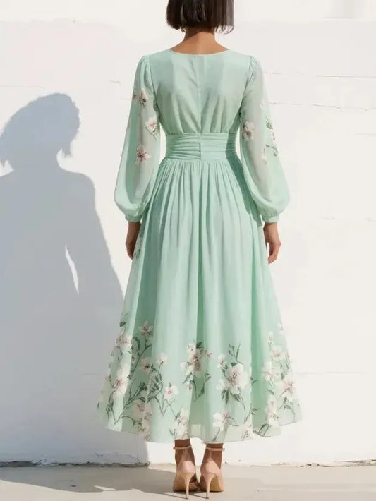 Vestido de Invitada de Boda Largo Verde de Flores con Plisado