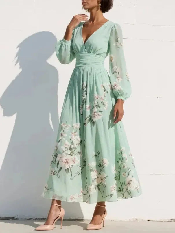 Vestido de Invitada de Boda Largo Verde de Flores con Plisado