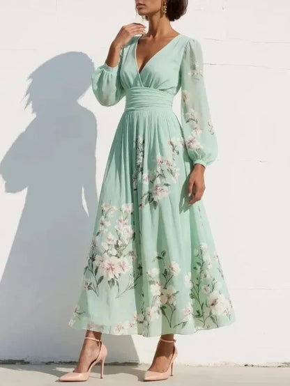 Vestido de Invitada de Boda Largo Verde de Flores con Plisado