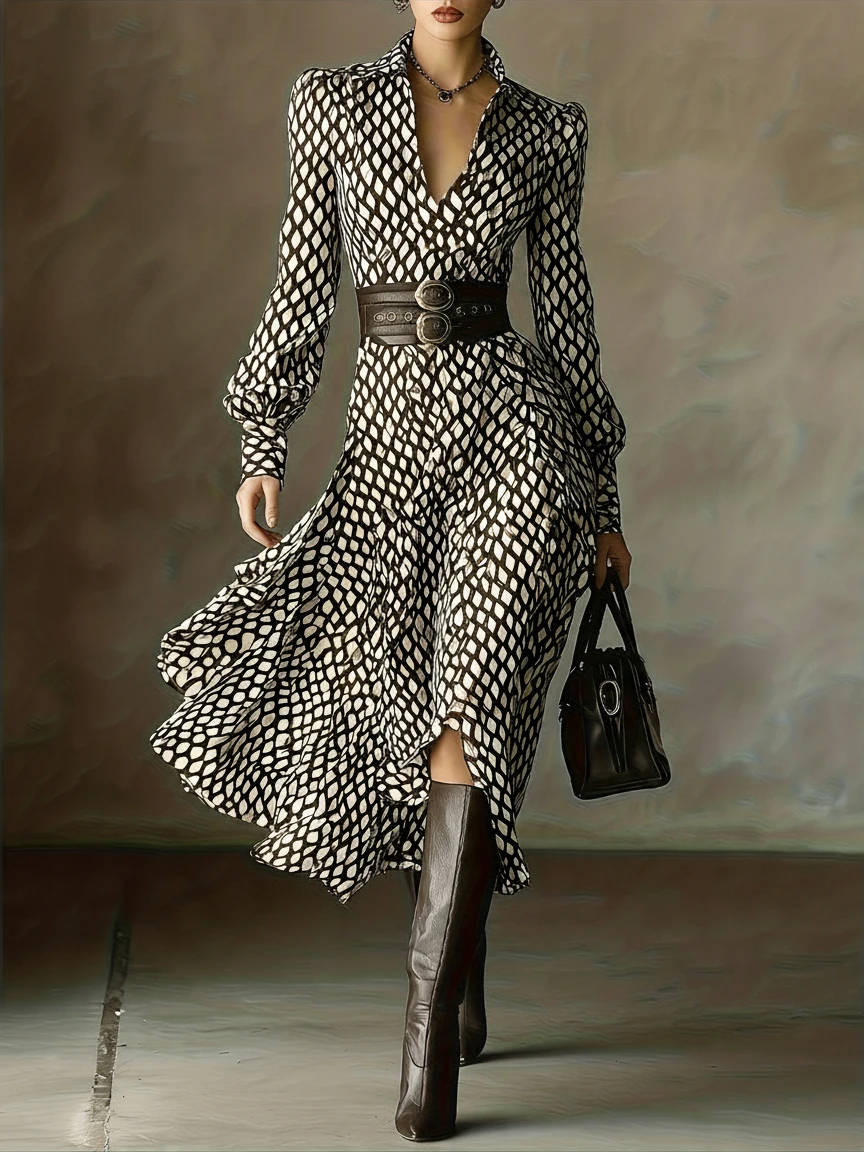 Vestido de Invitada de Boda Largo Vintage Estampado con Manga Larga