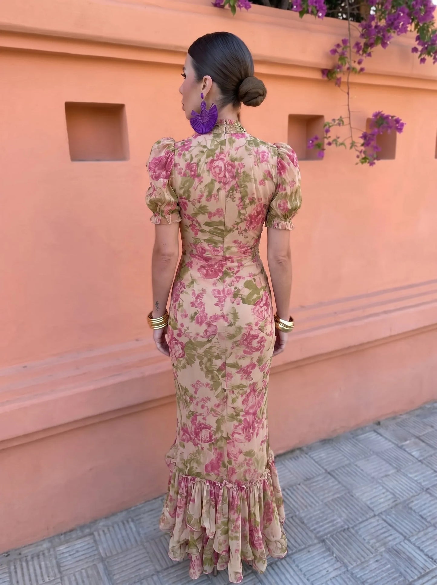 Vestido de Invitada de Boda Largo Vintage Flores con Manga Abullonada