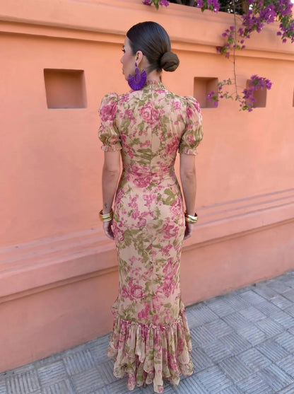 Vestido de Invitada de Boda Largo Vintage Flores con Manga Abullonada