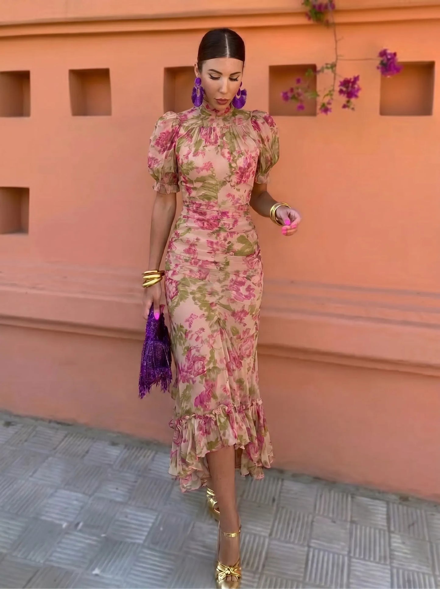 Vestido de Invitada de Boda Largo Vintage Flores con Manga Abullonada