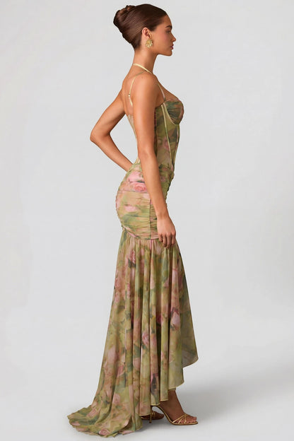 Vestido de Invitada de Boda Largo con Estampado de Flores y Corset