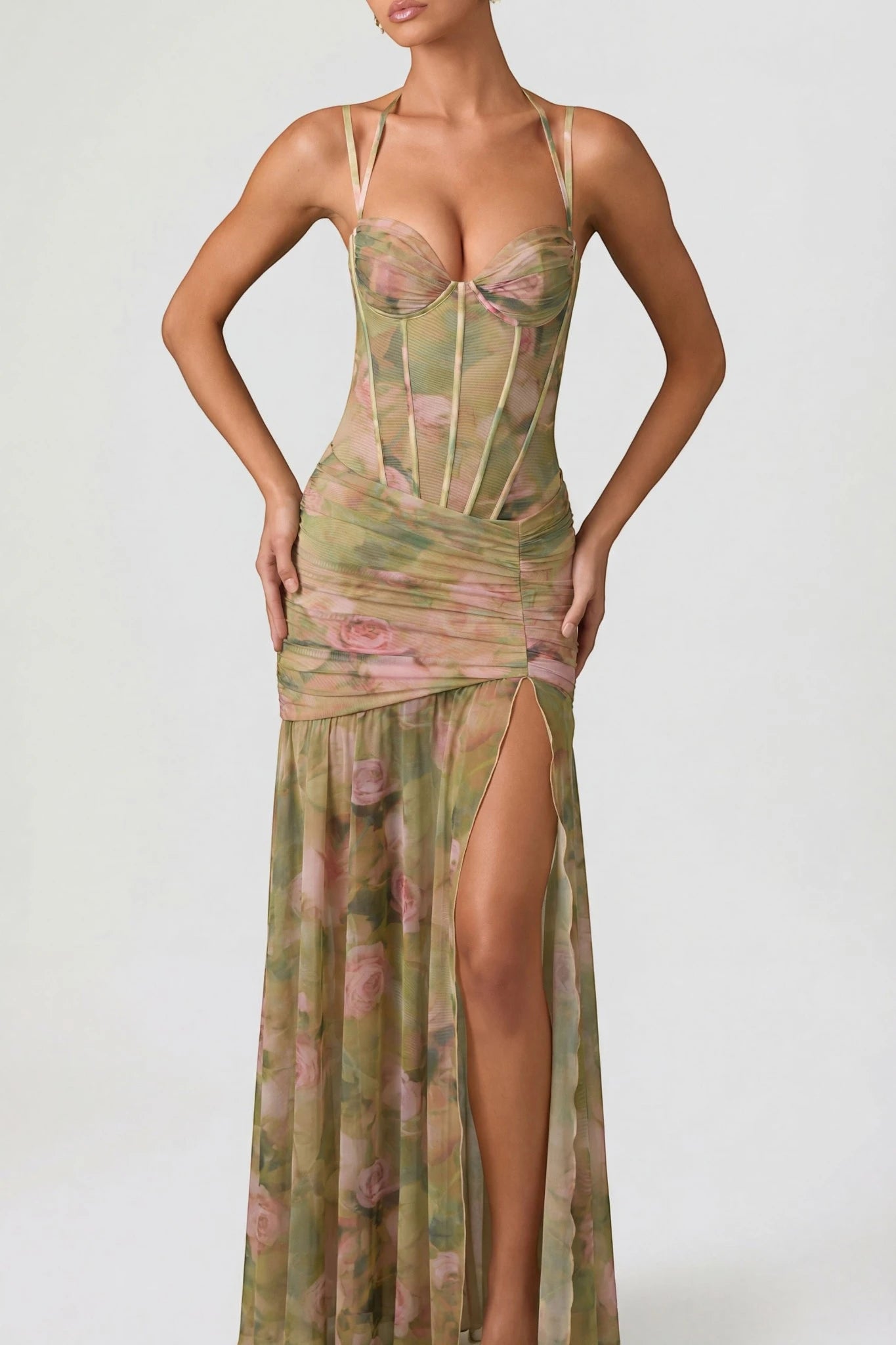 Vestido de Invitada de Boda Largo con Estampado de Flores y Corset