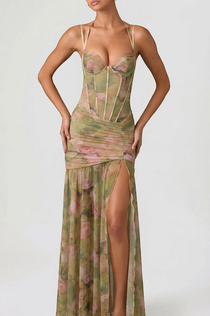 Vestido de Invitada de Boda Largo con Estampado de Flores y Corset